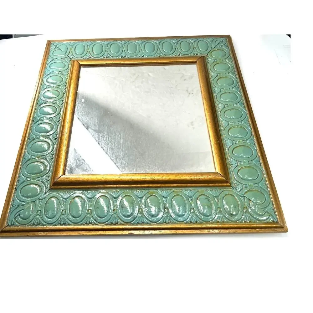 70's vintage rectangular wall mirror mint green verdigris embossed wooden frame